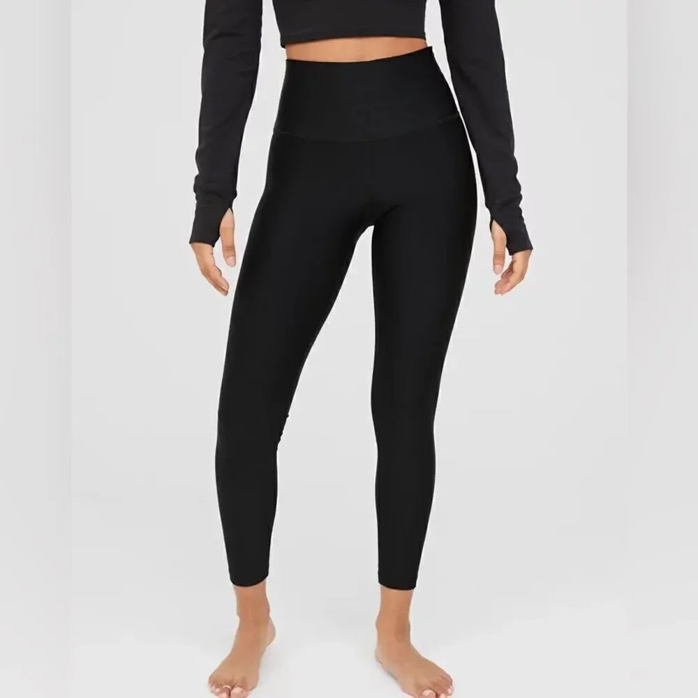 Offline by Aerie Black Ribbed Shine High Waisted Leggings (Size: Small)
